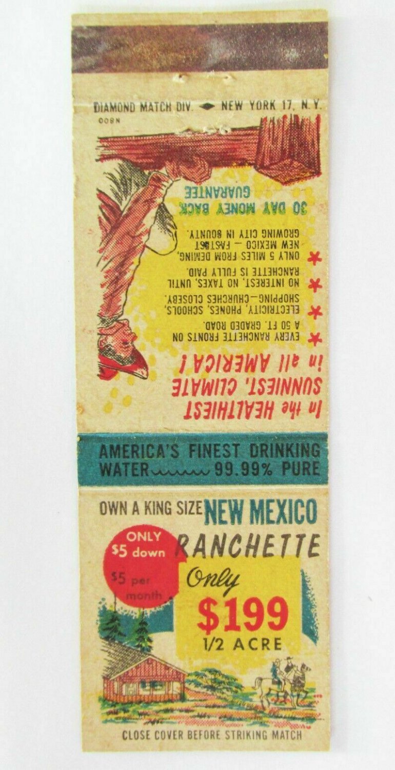 Deming, New Mexico Ranchette Advertisement 20 Strike Matchbook Cover Matchcover