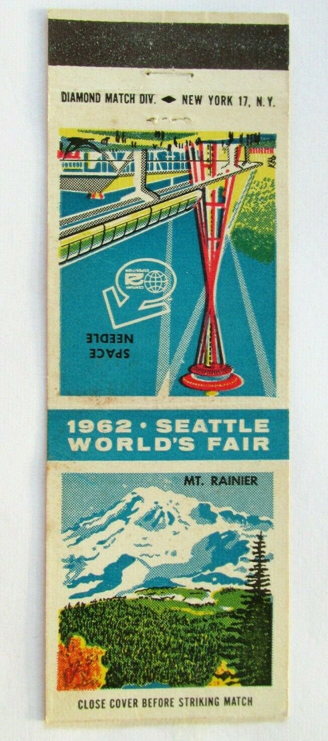 1962 Seattle World's Fair - Mt. Ranier Space Needle 20 Strike Matchbook Cover WA