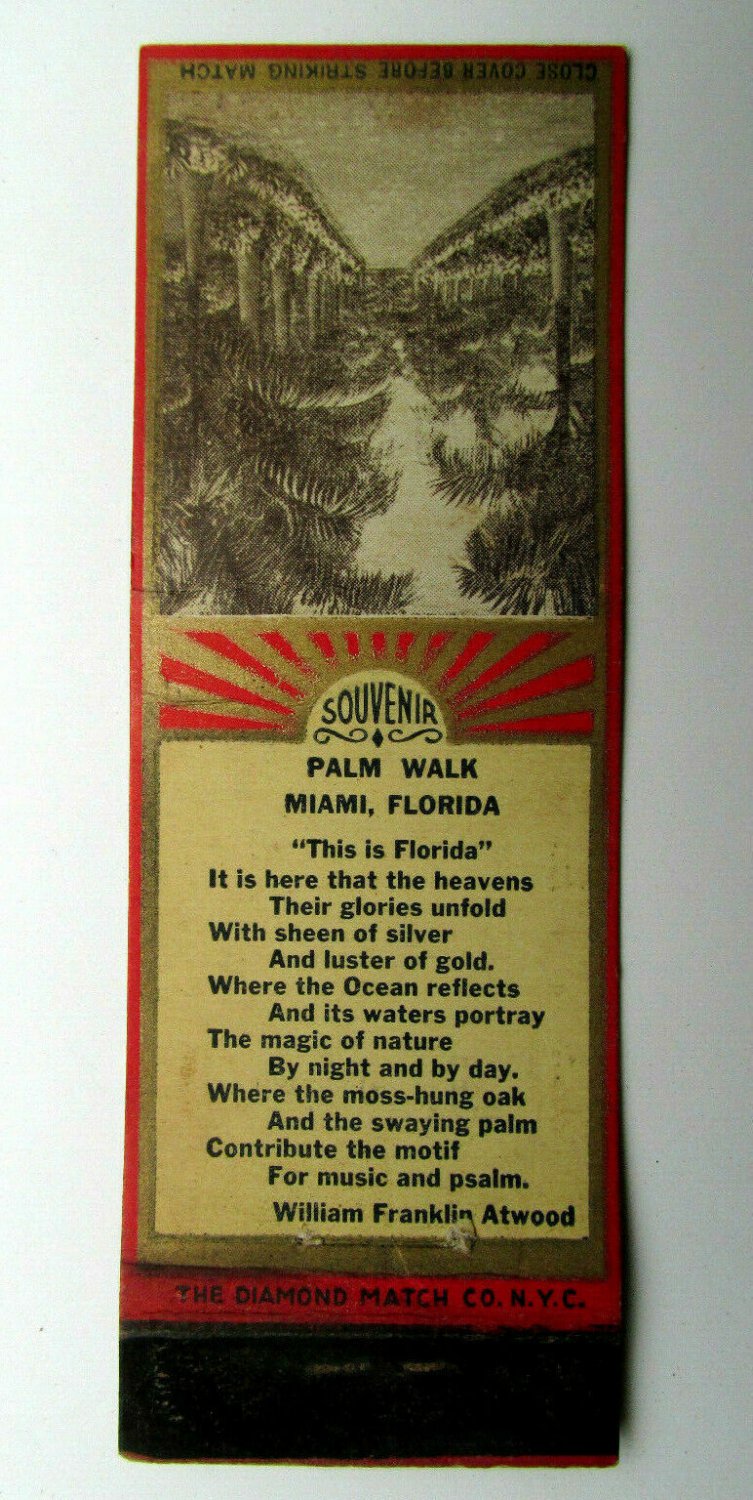 Palm Walk  Miami, Florida 20 Strike Matchbook Cover William Franklin Atwood Poem