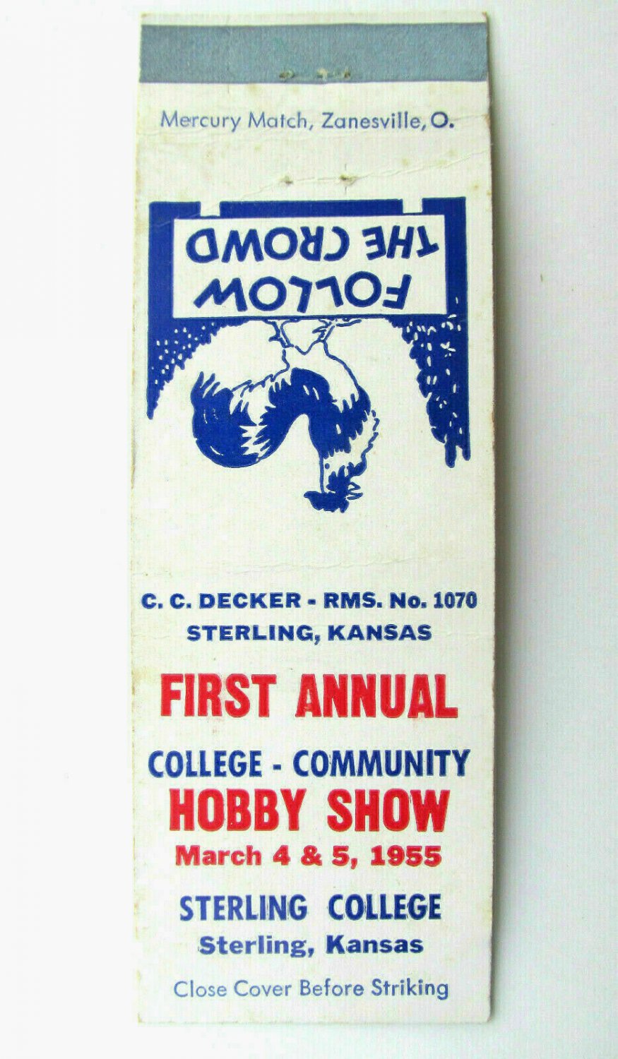 1955 First Annual Hobby Show Sterling College Kansas 20 Strike Matchbook Cover