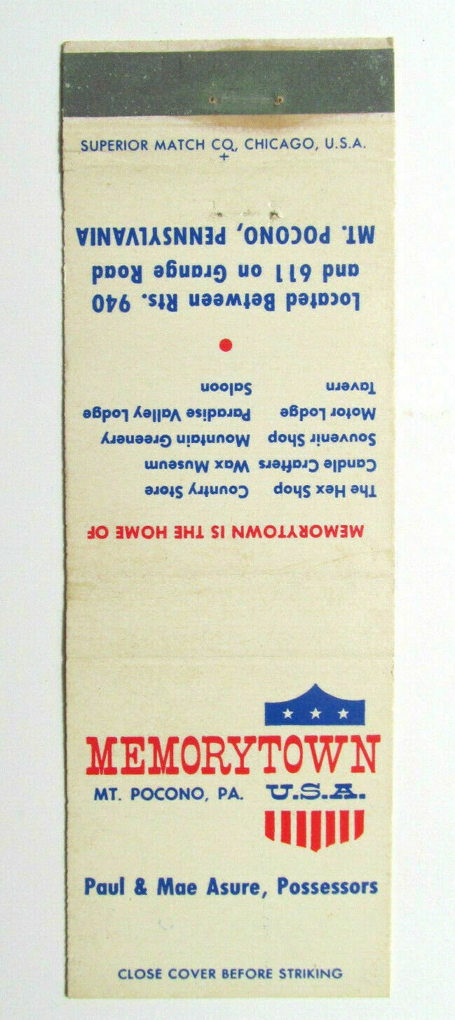 Memorytown USA Mt. Pocono, PA - Pennsylvnia 20 Strike Matchbook Cover Matchcover
