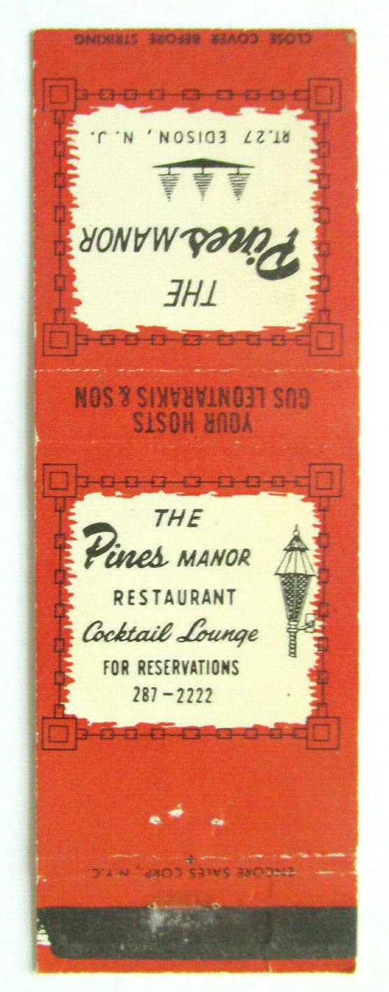 The Pines Manor Restaurant Edison, New Jersey 20 Strike Matchbook