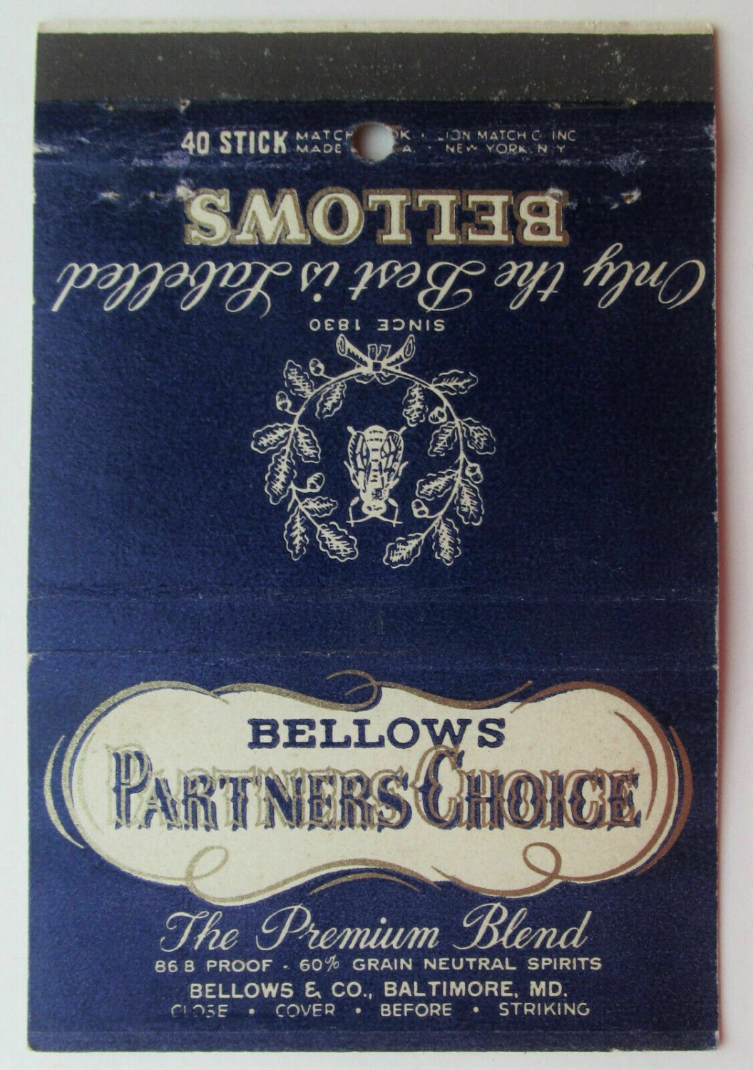 Bellows & Co. Partners Choice - Baltimore, Maryland 40 Stick Matchbook Cover MD