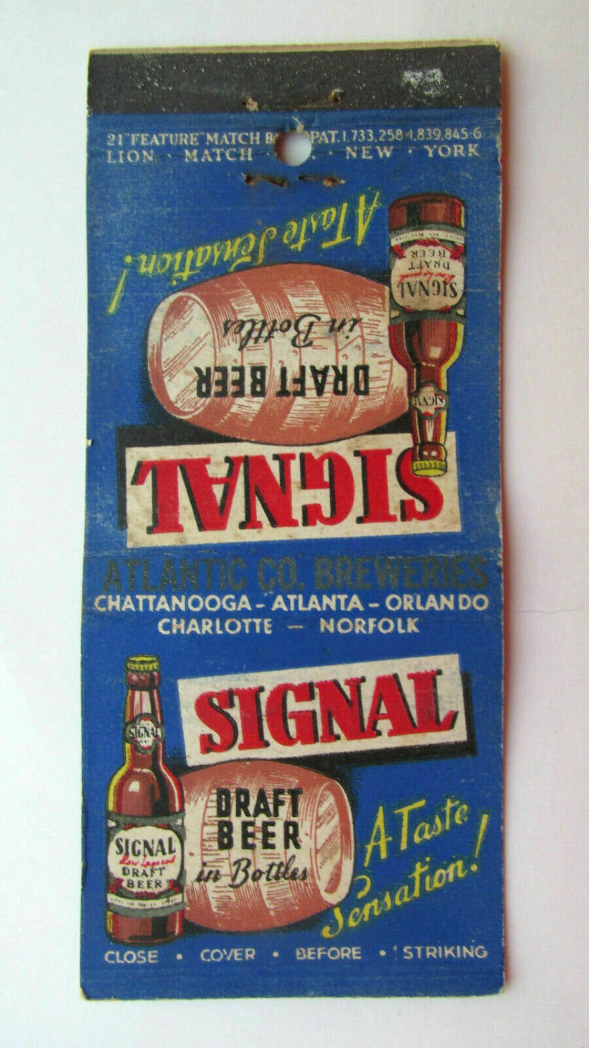 Signal Draft Beer Chattanooga Atlanta Orlando Charlotte Norfolk Matchbook Cover