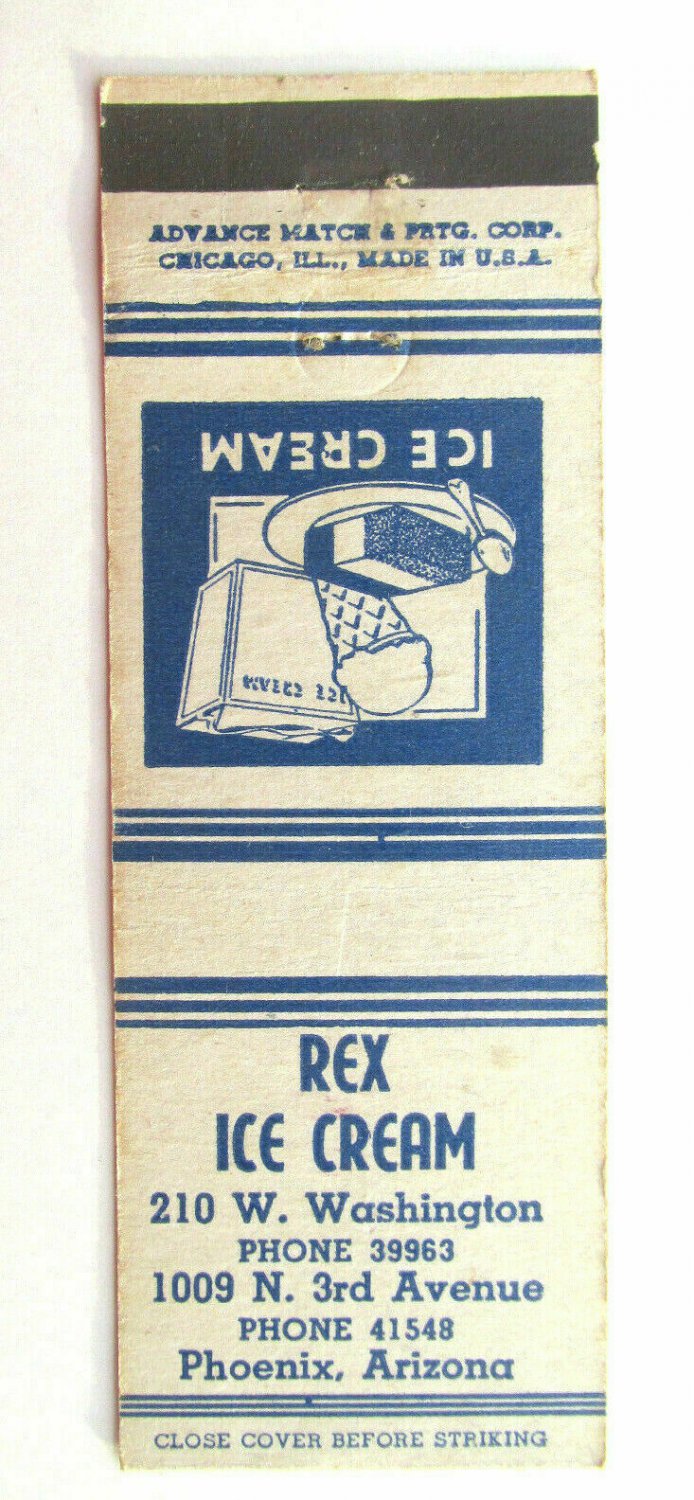Rex Ice Cream - Phoenix, Arizona Dairy 20 Strike Matchbook Cover AZ Matchcover