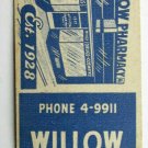 Willow Pharmacy - Bridgeport, Connecticut Drug Store 20 Strike Matchbook Cover
