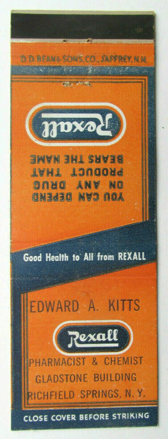 Edward A. Kitts Rexall Pharmacist  Richfield, New York 20 Strike Matchbook Cover