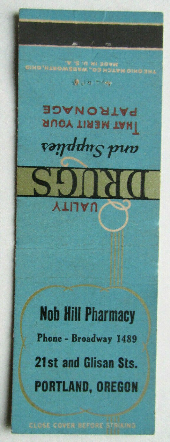 Nob Hill Pharmacy - Portland, Oregon Drug Store 20 Strike Matchbook ...