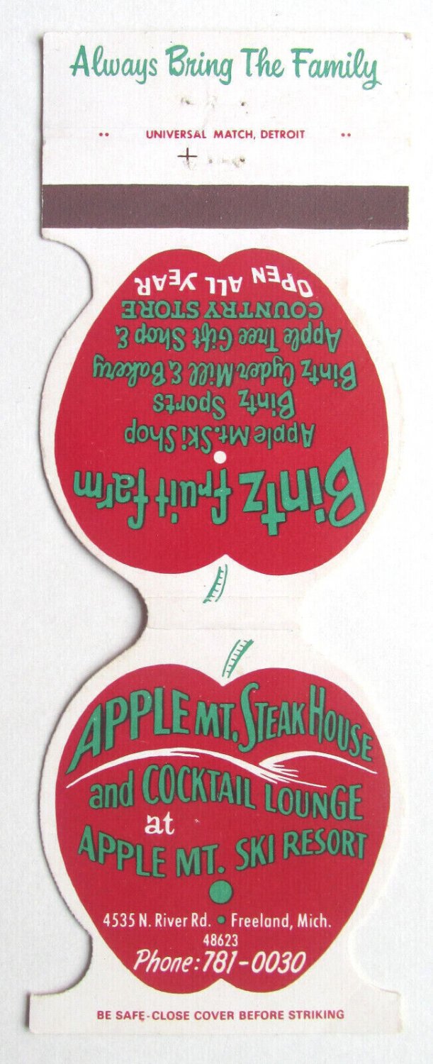 Apple Mt. Steak House - Freeland, Michigan Restaurant Jewelite Matchbook Cover