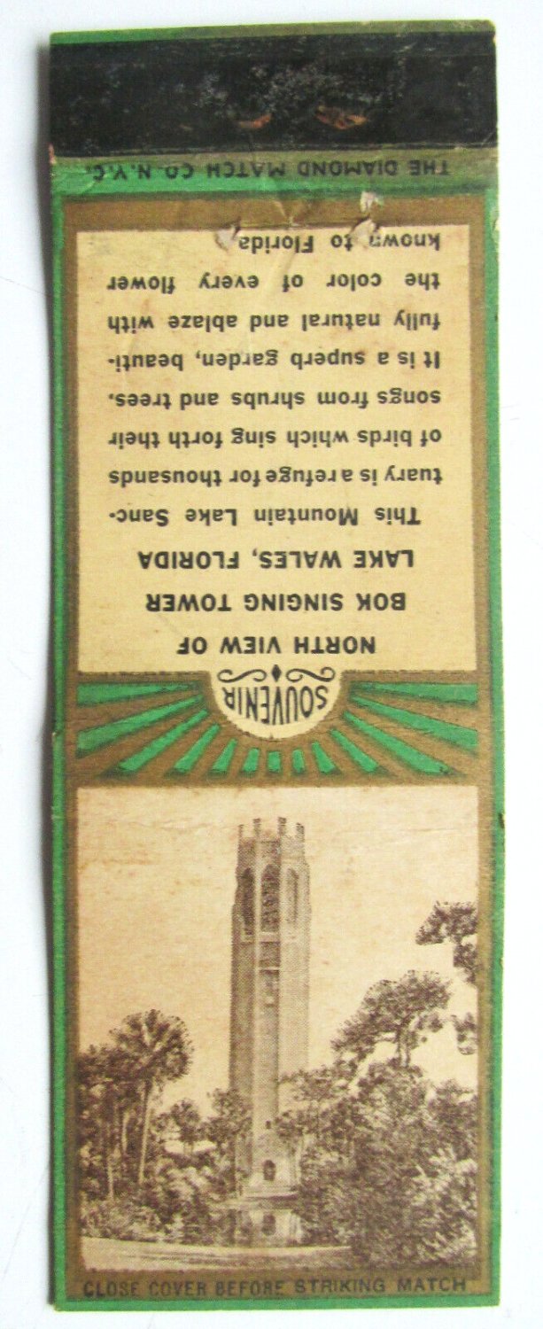Bok Singing Tower Lake Wales, Florida Souvenir 20 Strike Matchbook Cover North