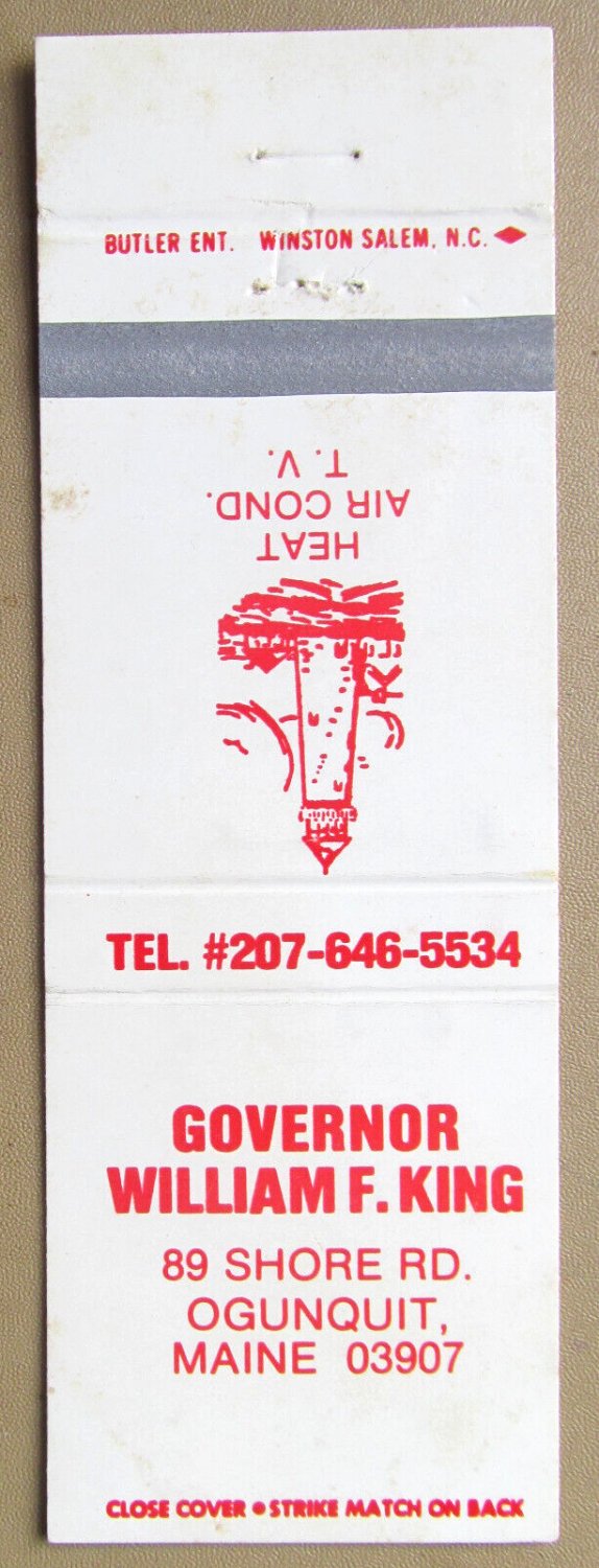 Governor William F. King  Ogunquit, Maine 20 Strike Matchbook Cover Shore Rd Inn
