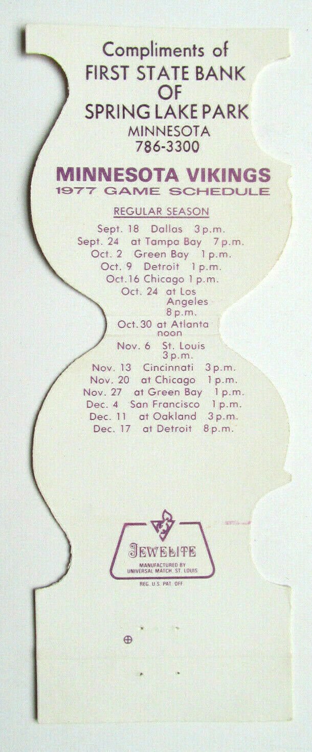 Minnesota Vikings 1977 Football Schedule Sports Jewelite Matchbook