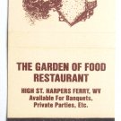 The Garden of Food Restaurant - Harpers Ferry, West Virginia Matchbook Cover WV