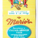 Mario's - Ocean City, Maryland Italian Restaurant 30 Strike Matchbook Cover MD