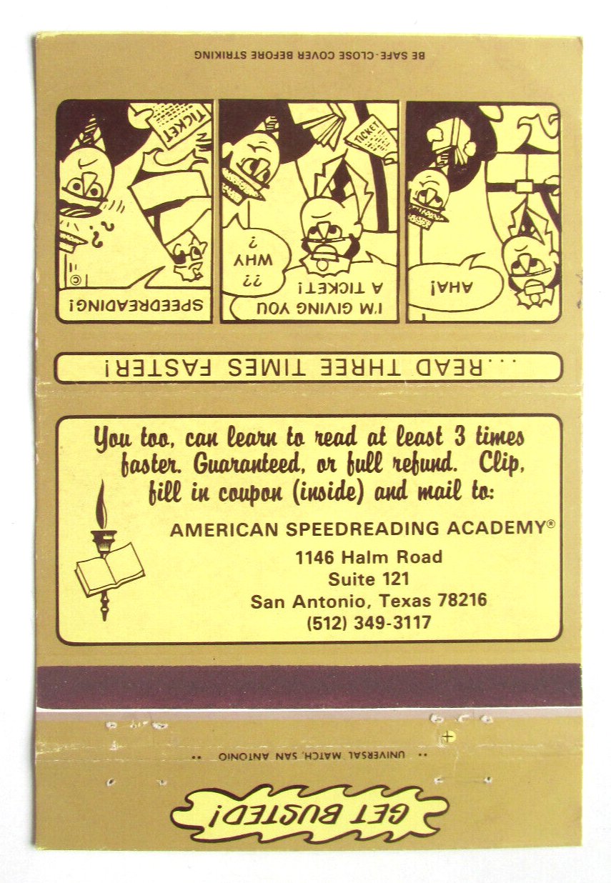 American Speedreading Academy - San Antonio, Texas 40 Strike Matchbook Cover TX