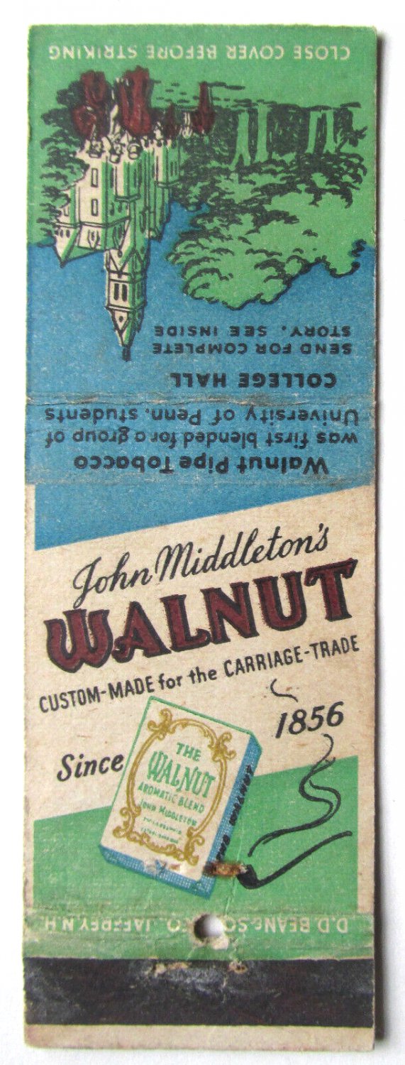 John Middleton's Walnut Pipe Tobacco Philadelphia Penn 20 Strike Matchbook Cover