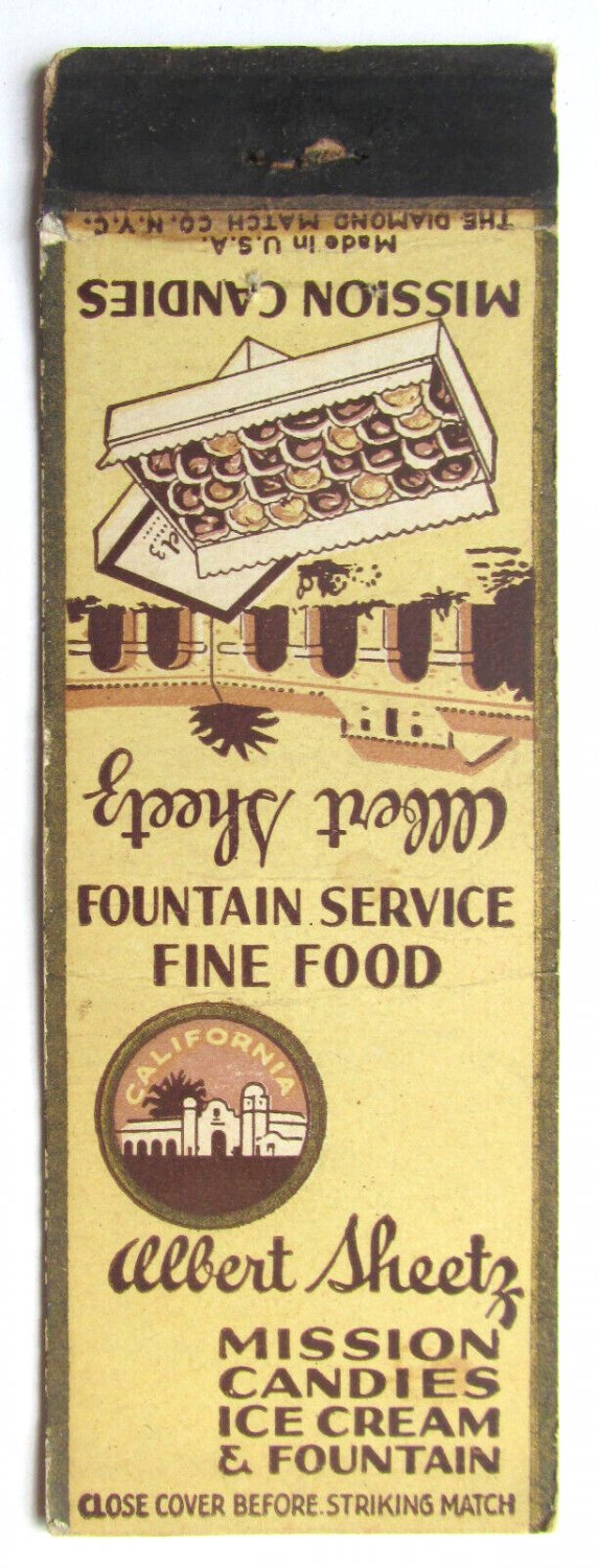 Albert Sheetz Mission Candies, Ice Cream Advertisement 20 Strike Matchbook Cover