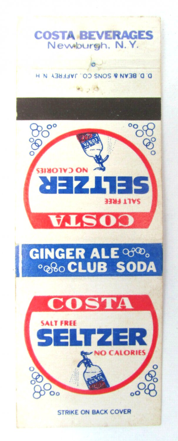 Costa Salt Free Seltzer  Ginger Ale Newburgh, New York 20 Strike Matchbook Cover