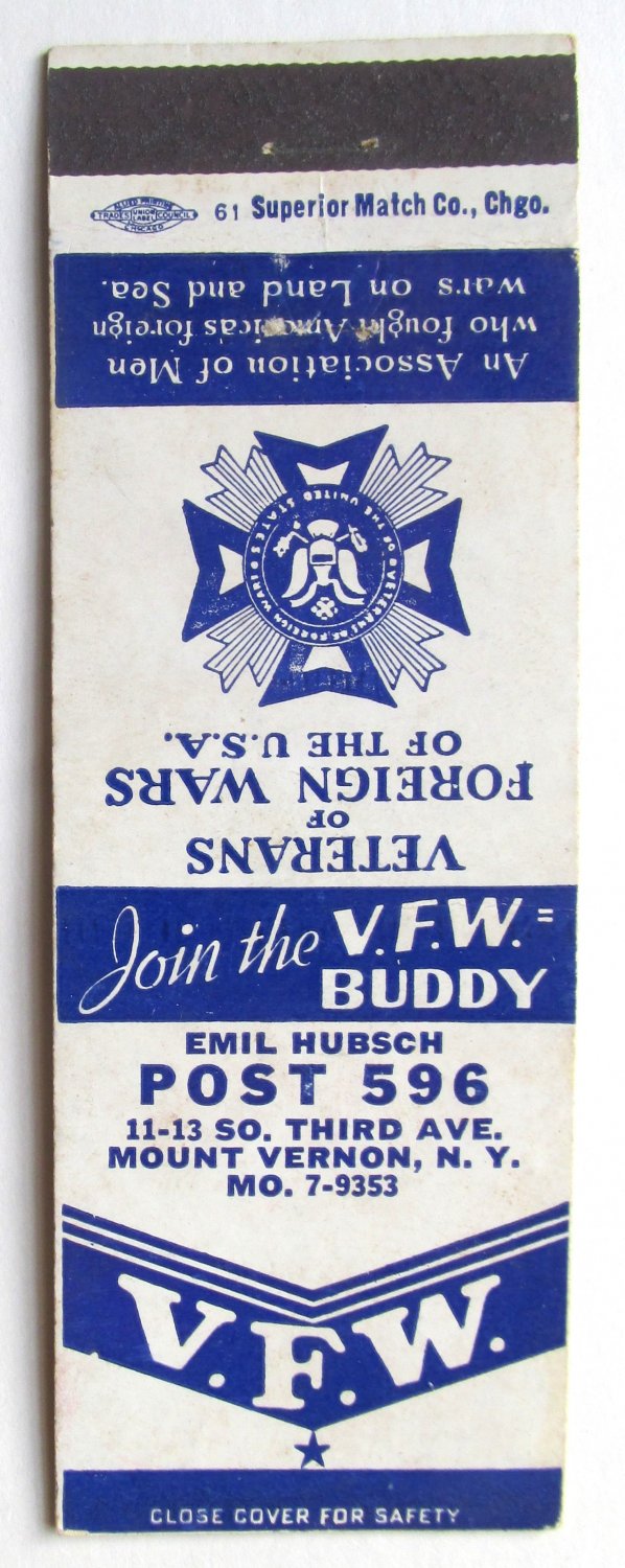 Emil Hubsch Post 596 VFW - Mount Vernon, NY  Club 20 Strike Matchbook Cover