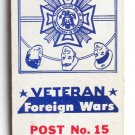 VFW Post No. 15 Gettysburg, PA - Pennsylvania Club 20 Strike Matchbook Cover VFW Post No. 15 Gettysburg, PA - Pennsylvania Club 20 Strike Matchbook Cover