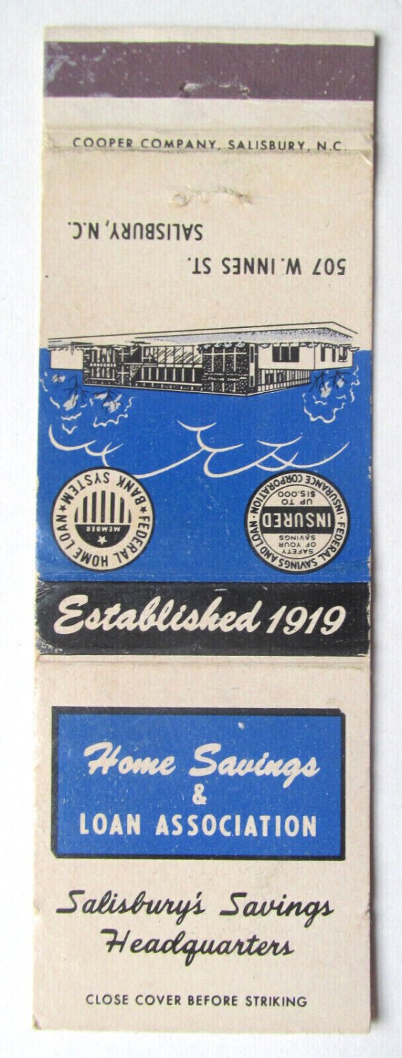 Home Savings & Loan - Salisbury, North Carolina 20 Strike Bank Matchbook Cover