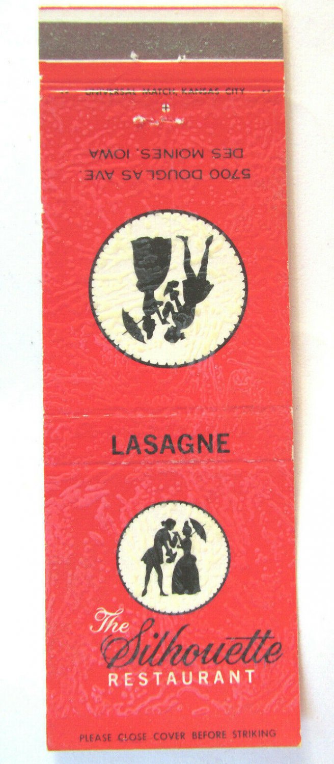 The Silhouette Restaurant - Des Moines, Iowa 20 Strike Matchbook Cover Lasagne