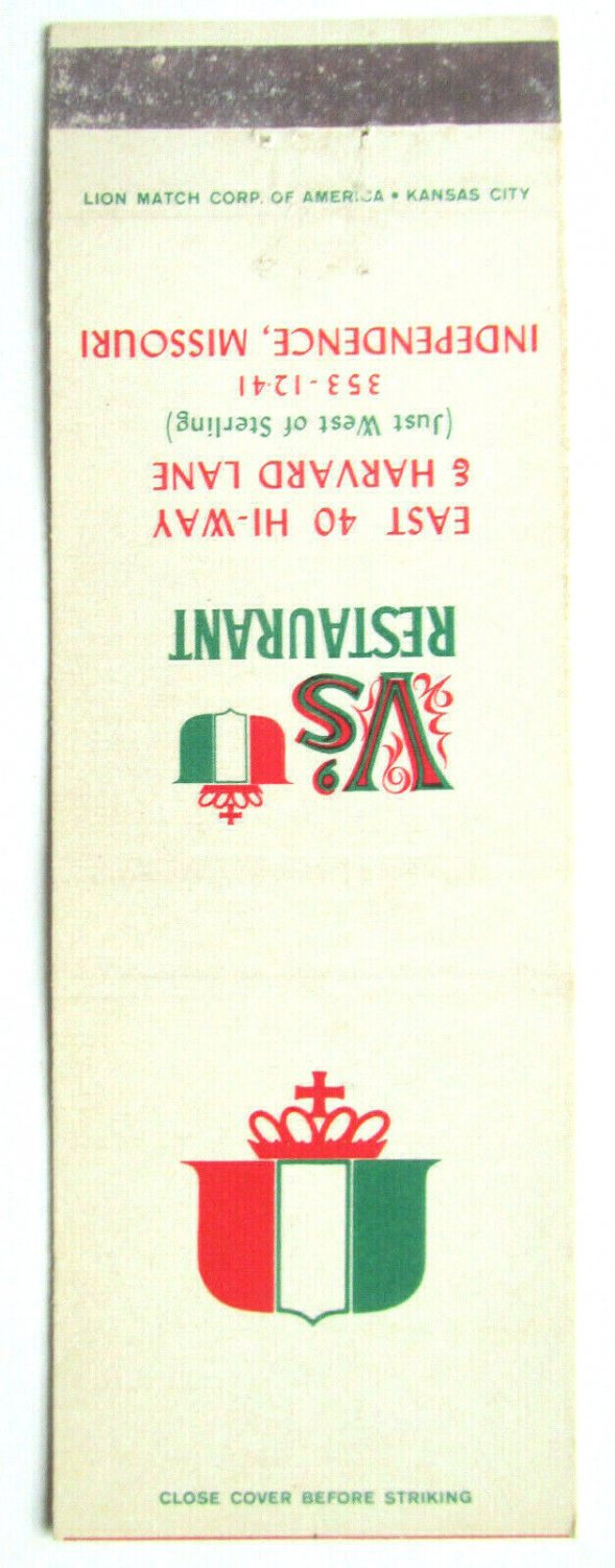 V's Restaurant - Independence, Missouri 20 Strike Matchbook Cover MO Matchcover