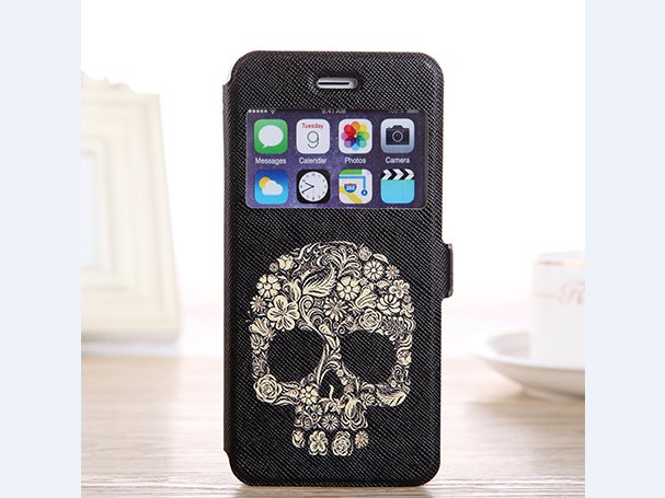 Art flower skeleton iPhone 6 cover skull printed iPhone 6 floral case, iphone 6 flip case