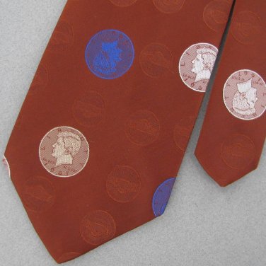 Vintage Regal Brown Blue Quarter Nickel Dime Penny 60's 70's Mens Neck Tie  #EV