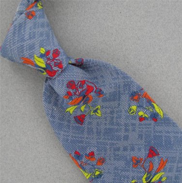VINTAGE QIANA RED SKYBLUE FLORAL FAT TEXTURE 60s 70s Neck Tie #V-2