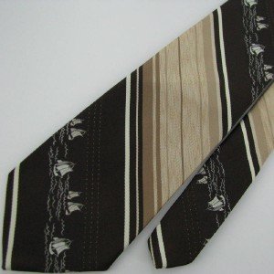 #1A Vintage Montgomery Ward Stripe Sailboat Brown Tan  Men Neck Tie Necktie