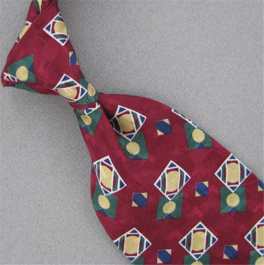 BASS GOLD MAROON GEOMETRIC SILK MENS NECKTIE TIE #HG-4 Excellent