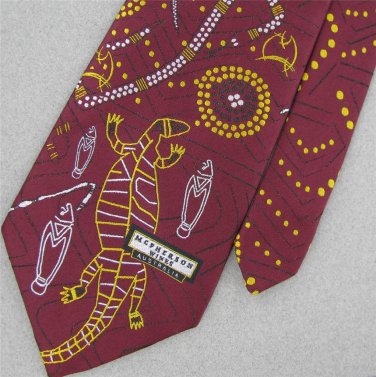 Vtg XL 60" Australian Antarctic Dinosaurs Jacquard Maroon Gold 70s Neck Tie V-4