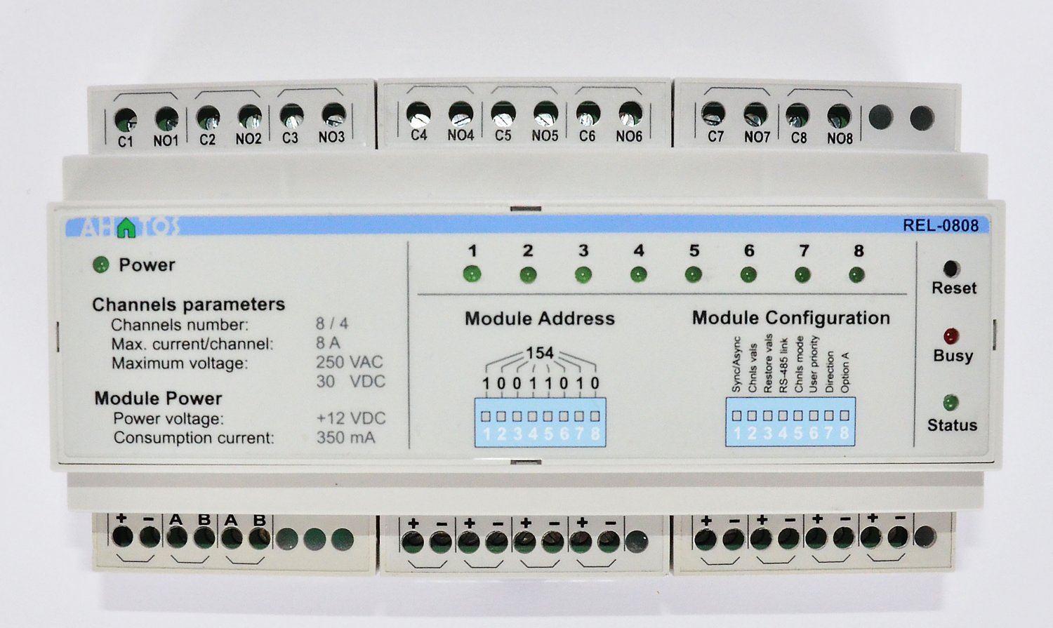 Ahatos REL0808. DIN rail 8 channel Relay. Home automation. ModBus RS485