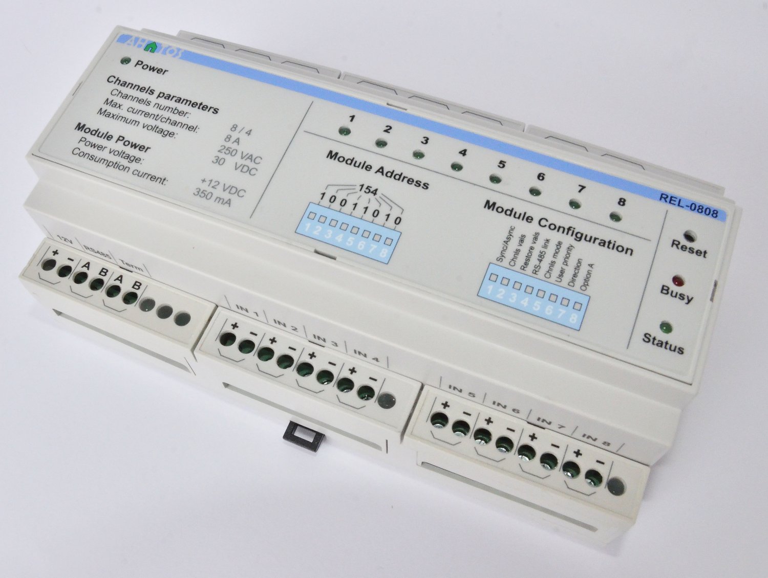Ahatos REL0808. DIN rail 8 channel Relay. Home automation. ModBus RS485