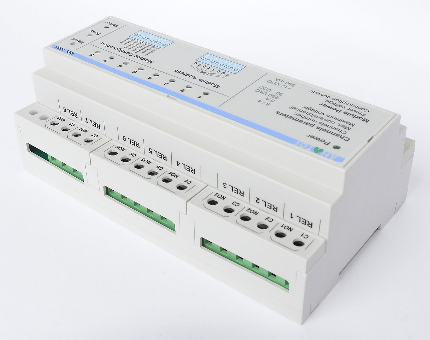 Ahatos REL0808. DIN rail 8 channel Relay. Home automation. ModBus RS485