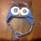 3-6 month brown and blue owl hat with ear flaps