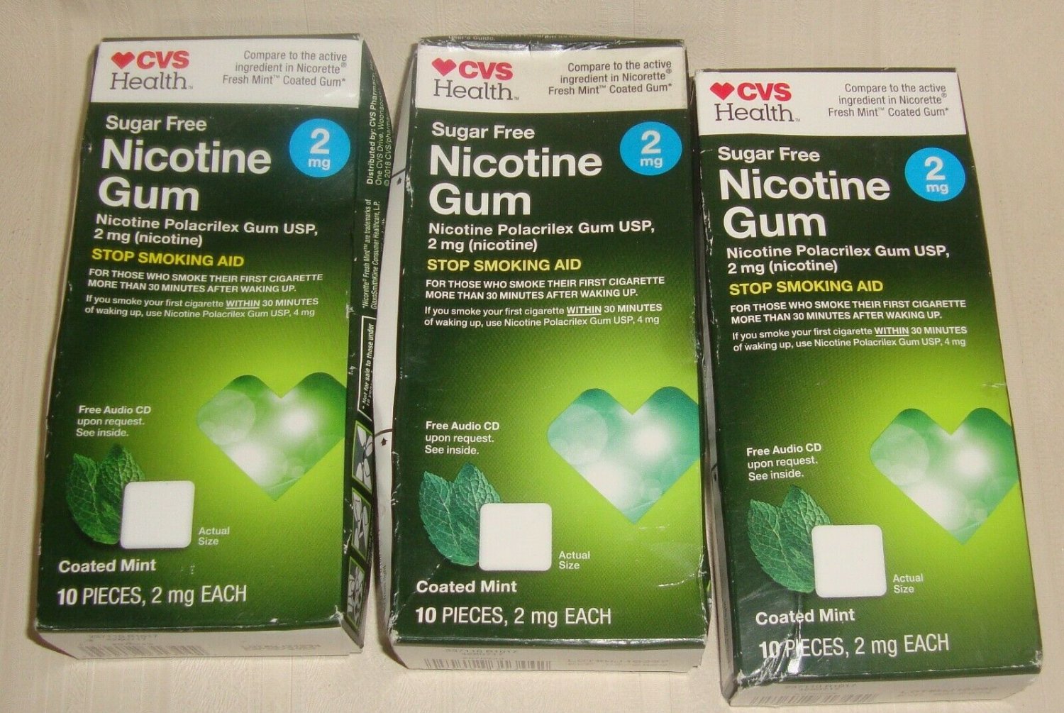 CVS HEALTH NICOTINE GUM 2 mg Sugar Free Coated Mint 10 EachLot of 3 Boxes