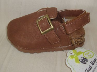 First Steps Brown Faux Leather Fur Sling Back Shoes Clogs Buckle BABY Size 6 NEW