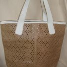 Saks Fifth Avenue Perforated Floral Cutouts Tan and White Tote Bag