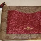 Coach Logo Corner Zip Wristlet With Metallic Color Block Khaki/Cherry  Brand NEW