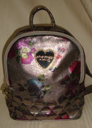 Betsey Johnson Metallic multicolor floral roses & cut out hearts Small backpack