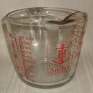 ANCHOR HOCKING 699 Open Handle 4-Cup Large Red Lettering Glass Measuring Cup USA