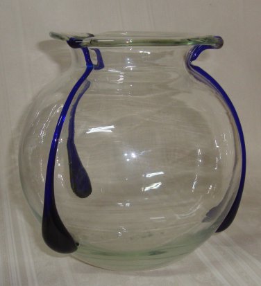 Poschinger Clear With Cobalt Tri-Tadpoles Hand Blown Glass Vase , Vintage