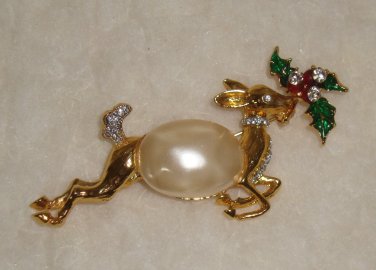 KENNETH JAY LANE KJL Gold Tane Christmas Holiday Reindeer Deer Brooch Pin RARE