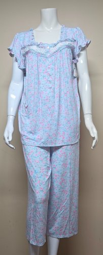 Eileen West 2 Piece Blue Floral Top & Capri Pants Pajama Set Size Large NEW