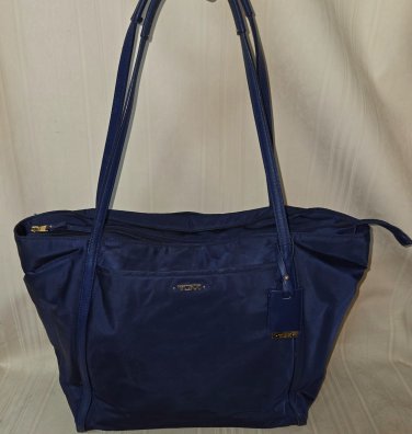 Tumi Navy Blue ToteBag Nylon Leather Trim Gold Hardware Purse