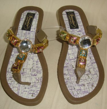 Grandco Sandals Beach Pool Thong BLING Gold Tone Jeweled Flip Flop Size 10 NEW