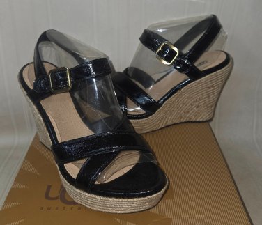 UGG Jackilyn Black Patent Leather Espadrille Wedge Heel Size 9.5 NEW #1004565