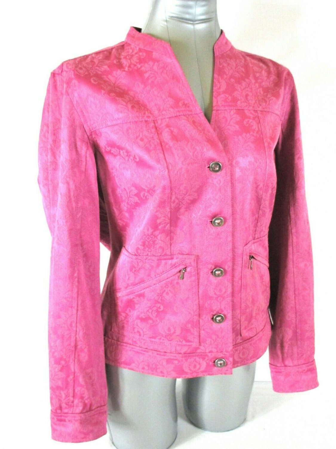 Amber Sun women's Small L/S pink floral RHINESTONE BUTTONS 2 pocket jacket (A2)M